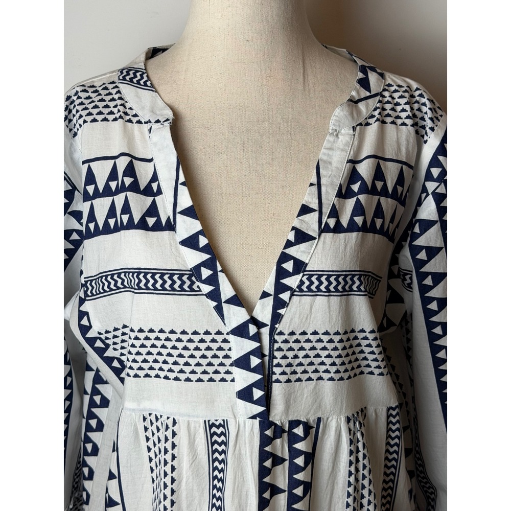 Bindu Anthropologie Geometric Tribal Tiered Mini Dress Women Medium Blue White - Picture 8 of 11